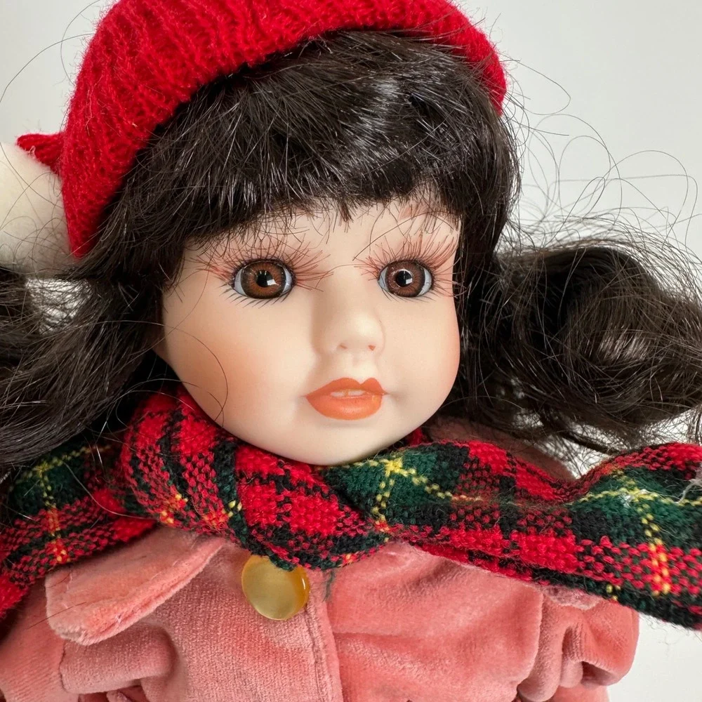 Show Stoppers Nora Porcelain Doll Girls 12in‎ Pink Red Plaid Winter Christmas